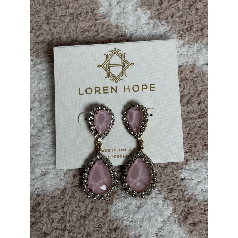 LOREN HOPE Abba Pink Peachy Rhinestones Teardrop Dangle Drop Pierced Earrings 2"